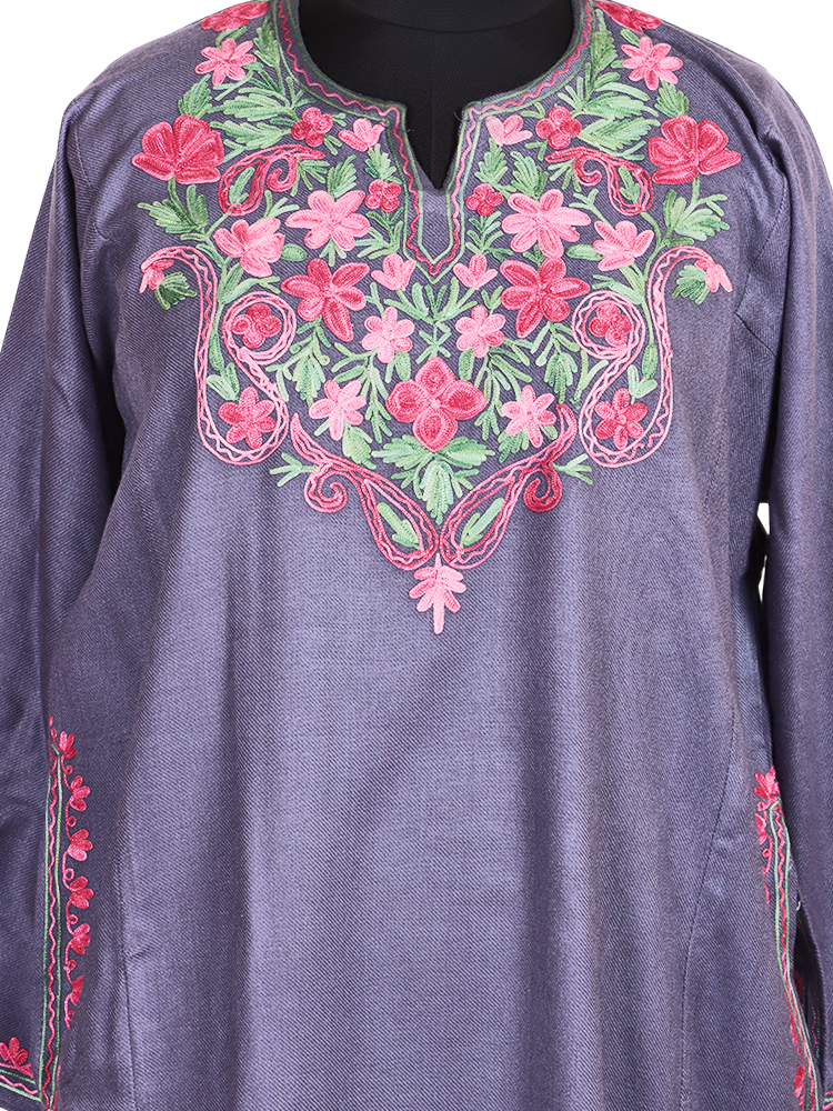 Lavender Purple Cashmilon Wool Aari Embroidered Kashmiri Pheran - Pehnava
