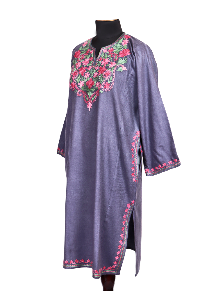 Lavender Purple Cashmilon Wool Aari Embroidered Kashmiri Pheran - Pehnava