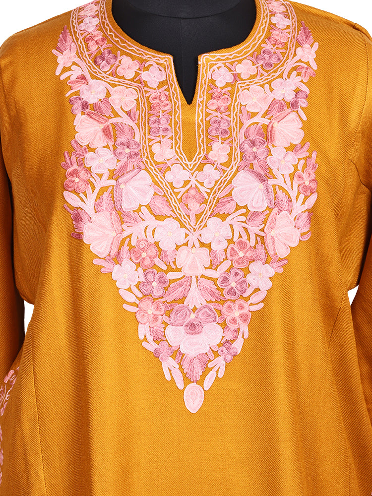 Golden Yellow Cashmilon Wool Aari Embroidered Kashmiri Pheran - Pehnava