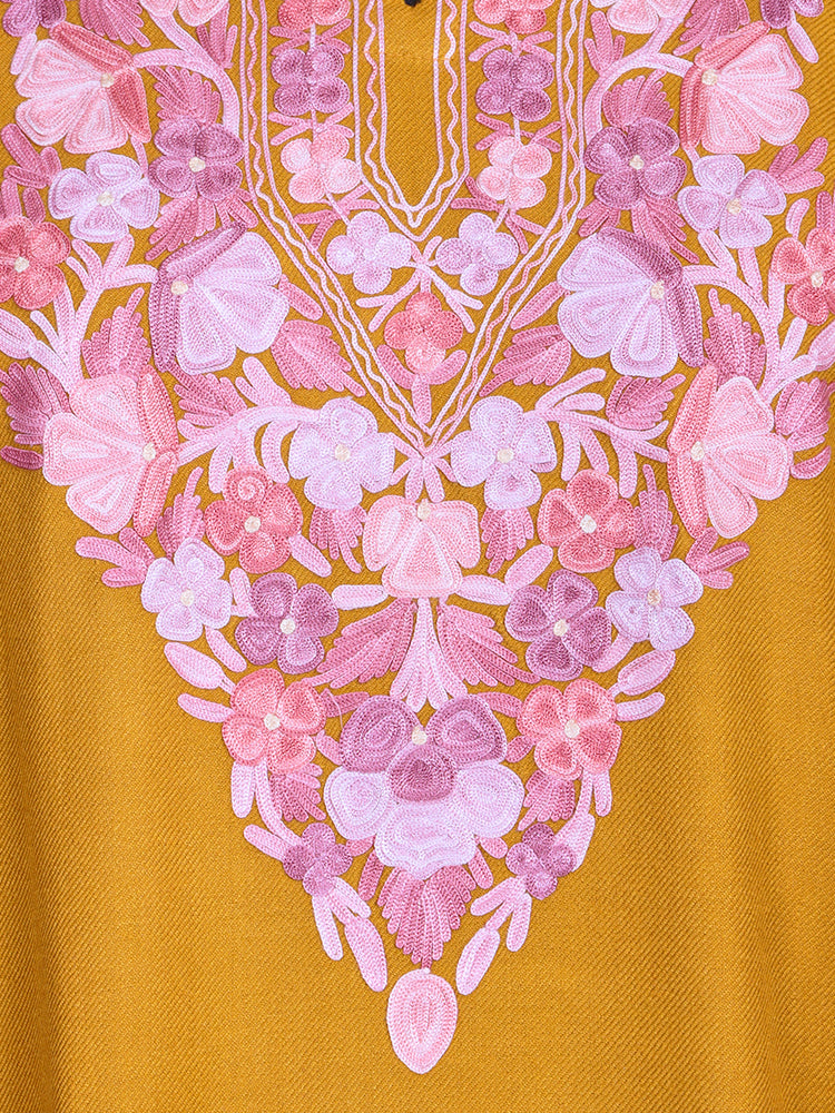 Golden Yellow Cashmilon Wool Aari Embroidered Kashmiri Pheran - Pehnava