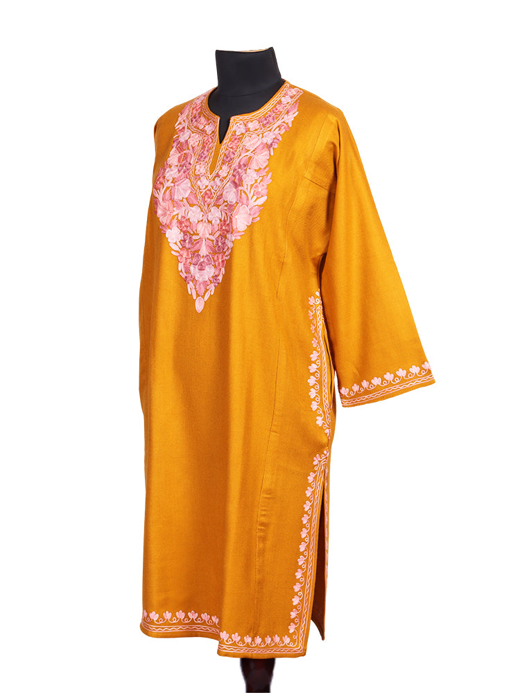 Golden Yellow Cashmilon Wool Aari Embroidered Kashmiri Pheran - Pehnava