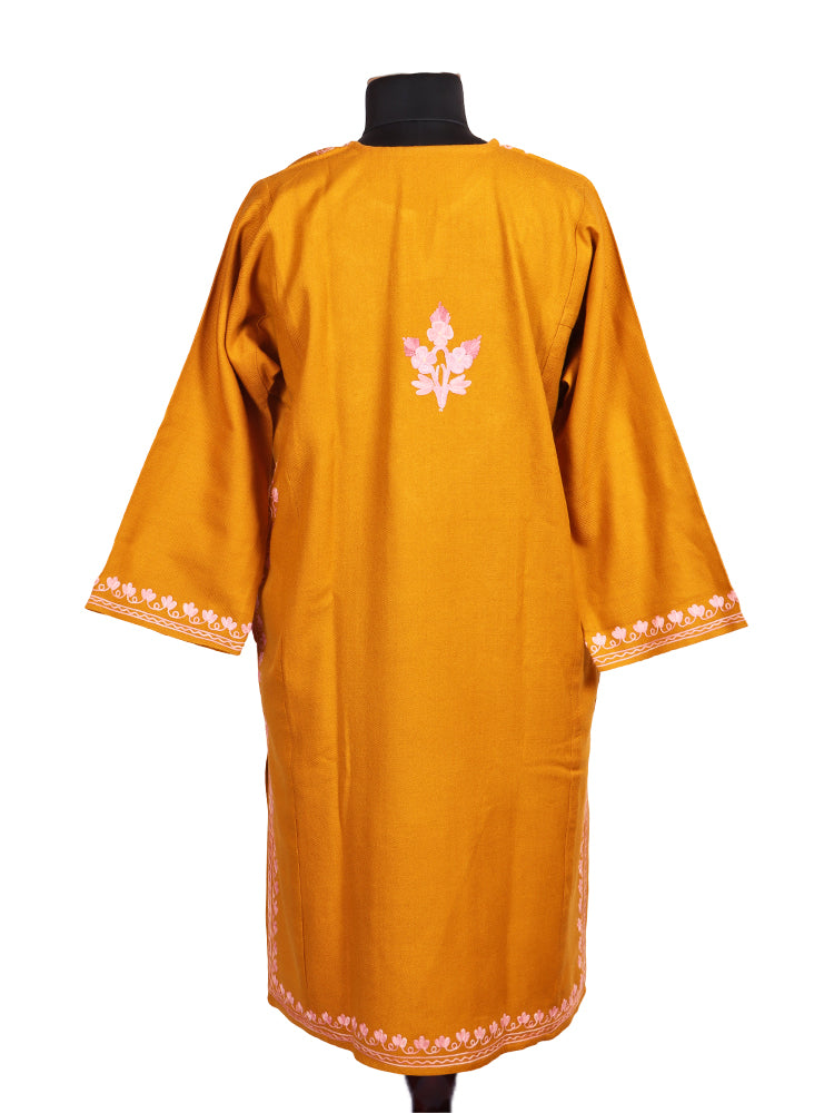 Golden Yellow Cashmilon Wool Aari Embroidered Kashmiri Pheran - Pehnava
