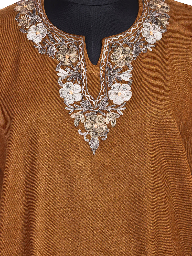 Chestnut Brown Cashmilon Wool Aari Embroidered Kashmiri Pheran - Pehnava