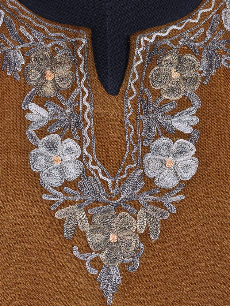 Chestnut Brown Cashmilon Wool Aari Embroidered Kashmiri Pheran - Pehnava