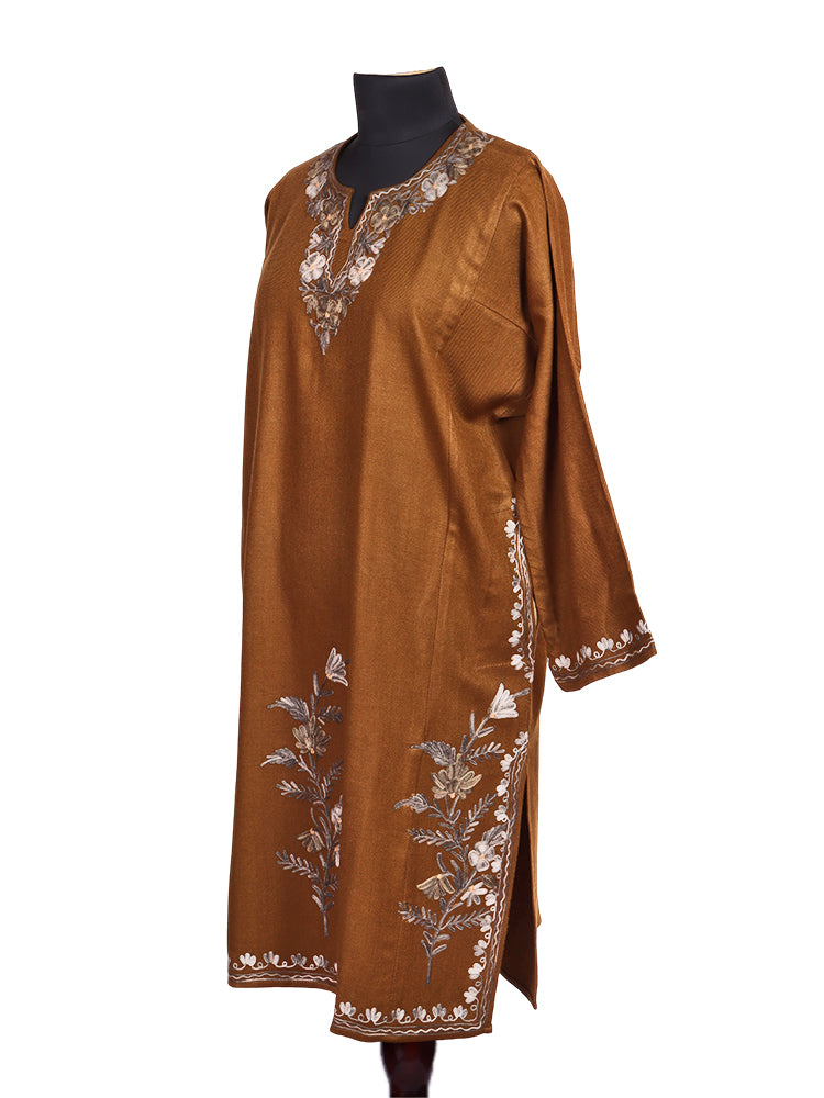 Chestnut Brown Cashmilon Wool Aari Embroidered Kashmiri Pheran - Pehnava