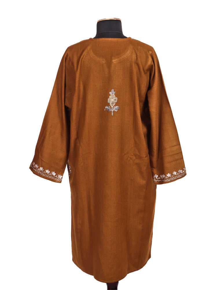 Chestnut Brown Cashmilon Wool Aari Embroidered Kashmiri Pheran - Pehnava