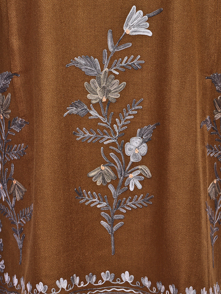 Chestnut Brown Cashmilon Wool Aari Embroidered Kashmiri Pheran - Pehnava