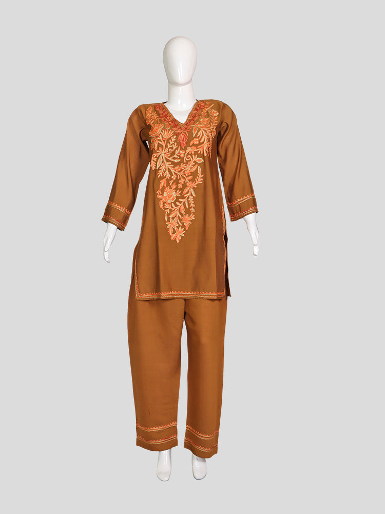 Zariya Tan Brown Silk Trio Edit - Kurti, Kaftan Set, & Coord Set