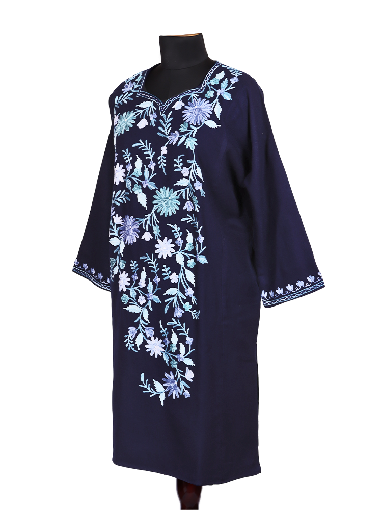 Royal Blue Cashmilon Wool Aari Embroidered Kashmiri Pheran - Pehnava