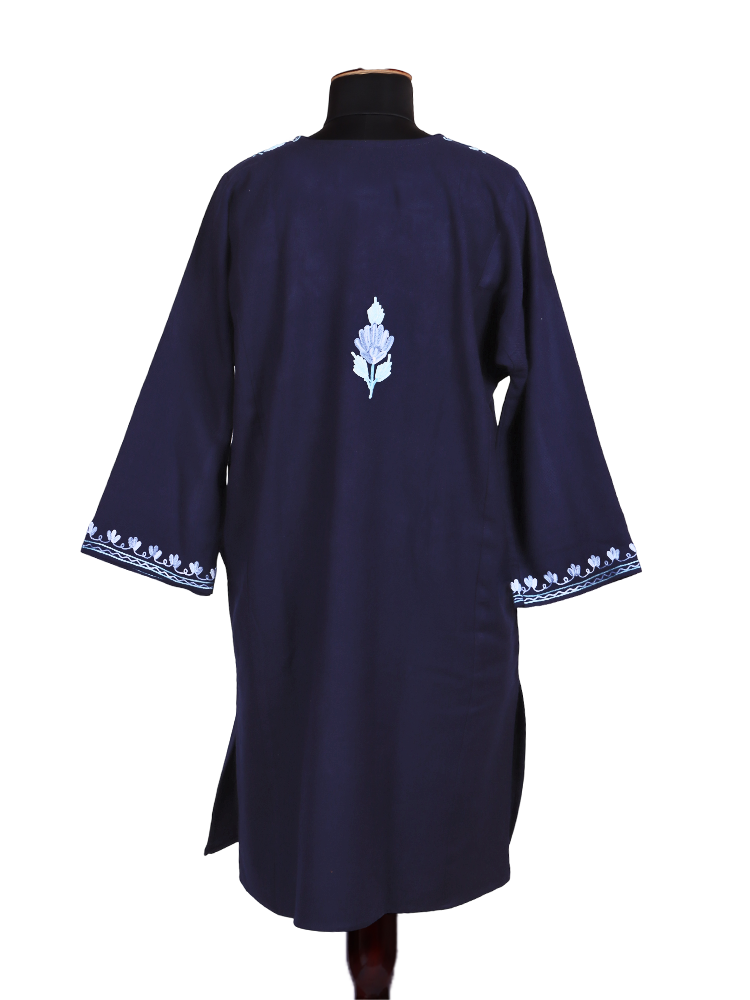 Royal Blue Cashmilon Wool Aari Embroidered Kashmiri Pheran - Pehnava