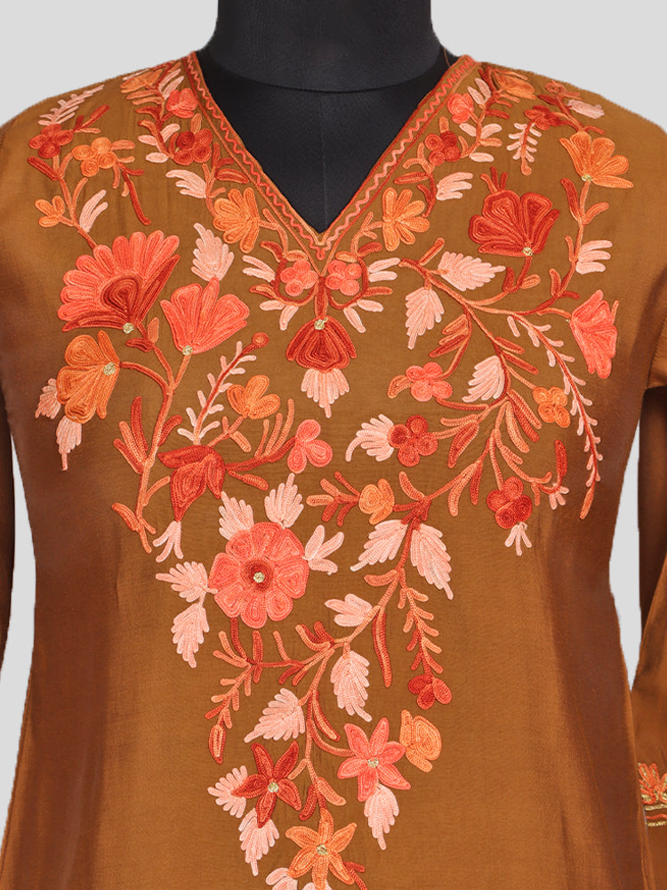Zariya Tan Brown Silk Trio Edit - Kurti, Kaftan Set, & Coord Set