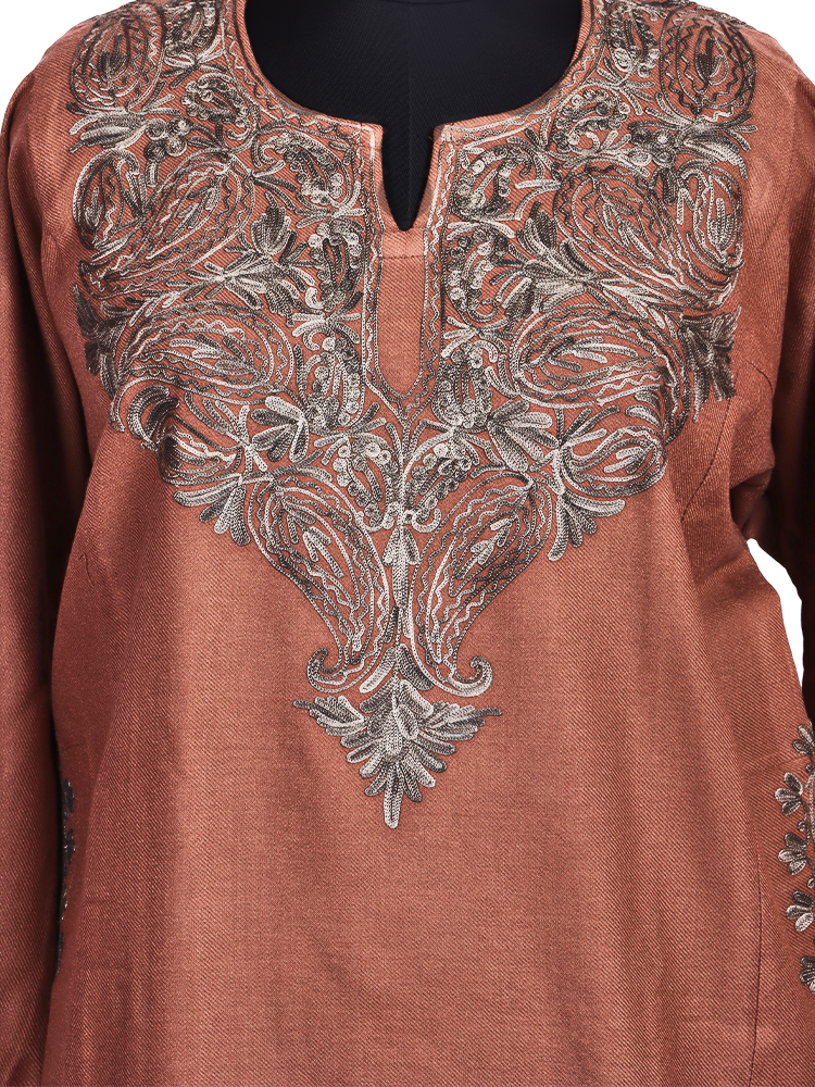 Brownish Pink Cashmilon Wool Aari Embroidered Kashmiri Pheran - Pehnava