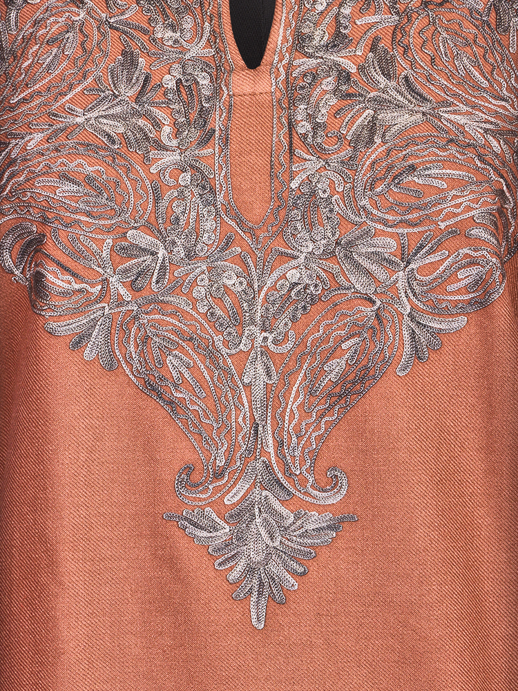 Brownish Pink Cashmilon Wool Aari Embroidered Kashmiri Pheran - Pehnava