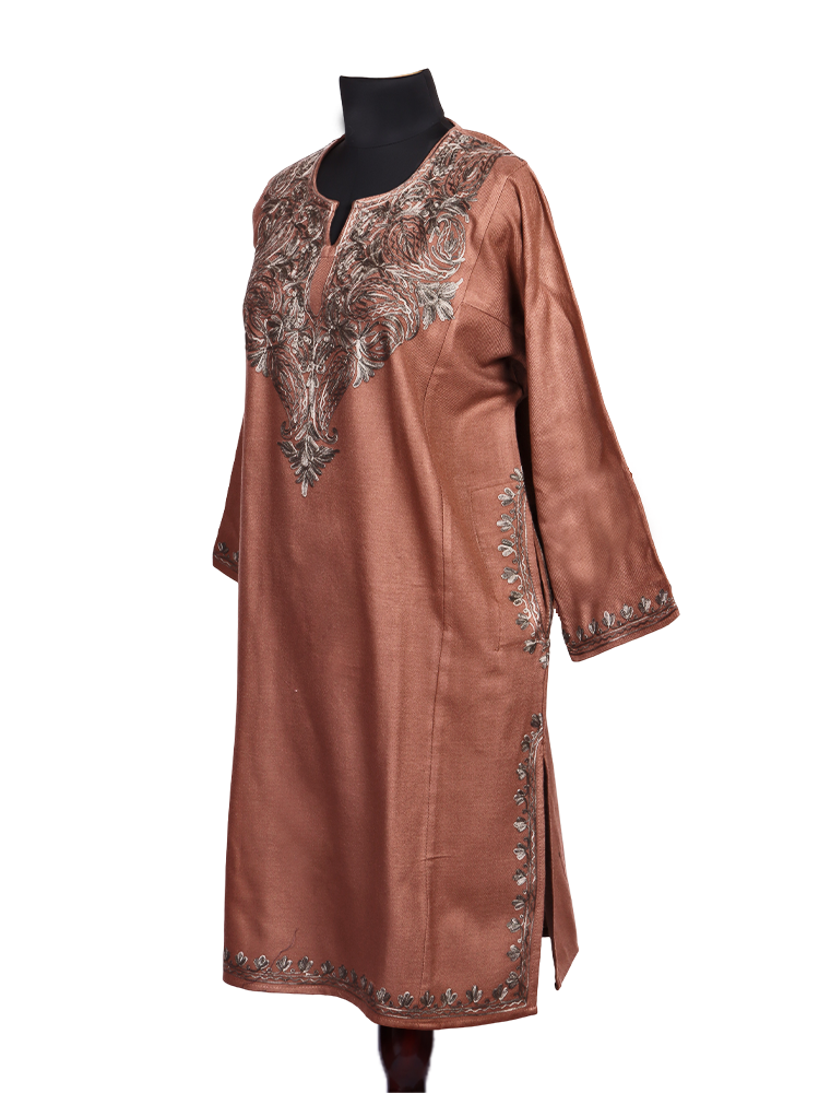 Brownish Pink Cashmilon Wool Aari Embroidered Kashmiri Pheran - Pehnava