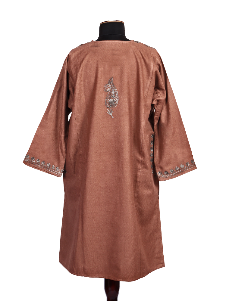 Brownish Pink Cashmilon Wool Aari Embroidered Kashmiri Pheran - Pehnava