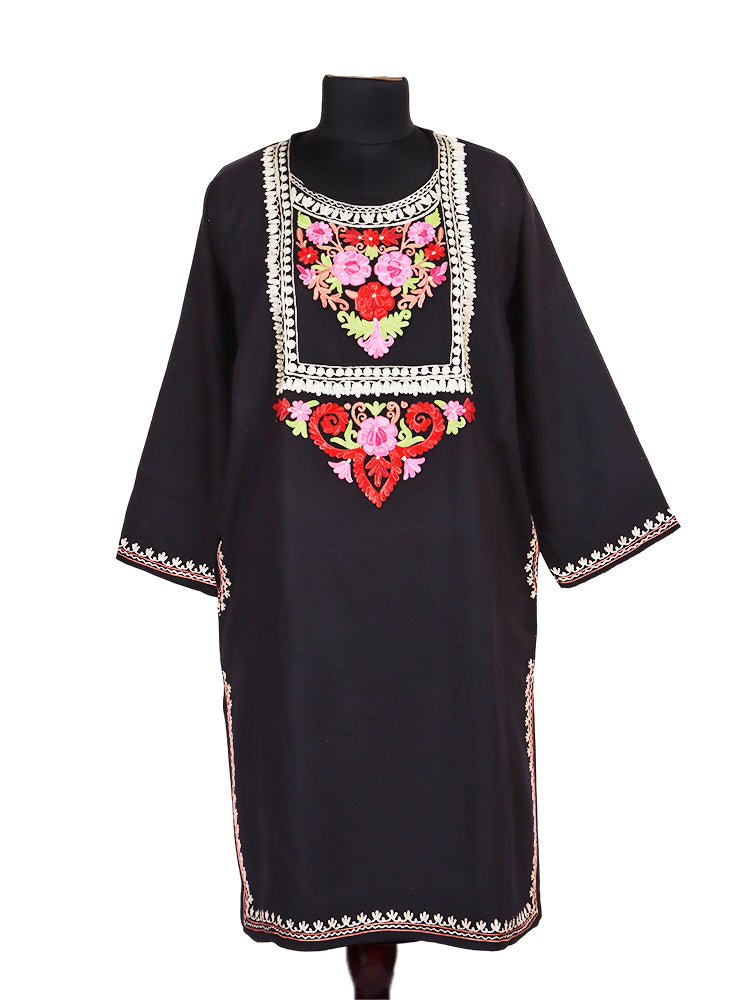 Cashmilon Jet Black Wool Aari Embroidered Kashmiri Pheran - Pehnava