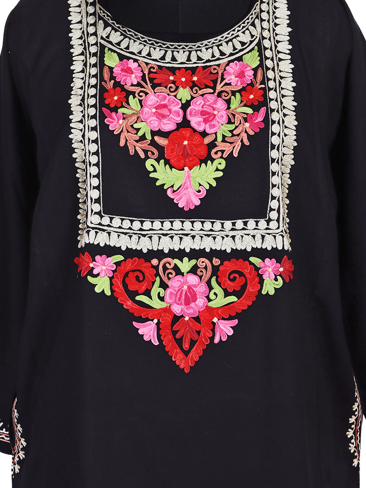 Cashmilon Jet Black Wool Aari Embroidered Kashmiri Pheran - Pehnava