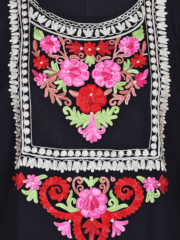 Cashmilon Jet Black Wool Aari Embroidered Kashmiri Pheran - Pehnava