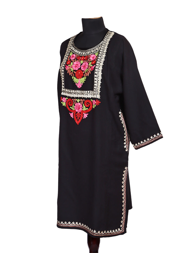 Cashmilon Jet Black Wool Aari Embroidered Kashmiri Pheran - Pehnava