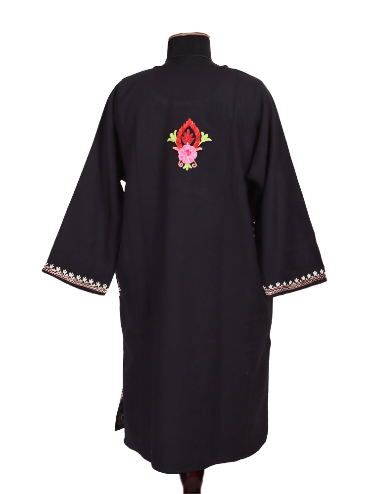 Cashmilon Jet Black Wool Aari Embroidered Kashmiri Pheran - Pehnava