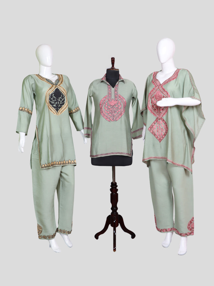 Zariya Pastel Mint Green Silk Trio Edit - Kurti, Kaftan Set, & Coord Set