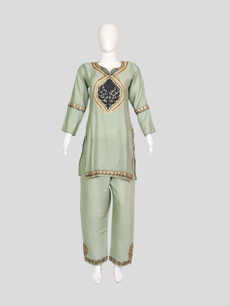 Zariya Pastel Mint Green Silk Trio Edit - Kurti, Kaftan Set, & Coord Set