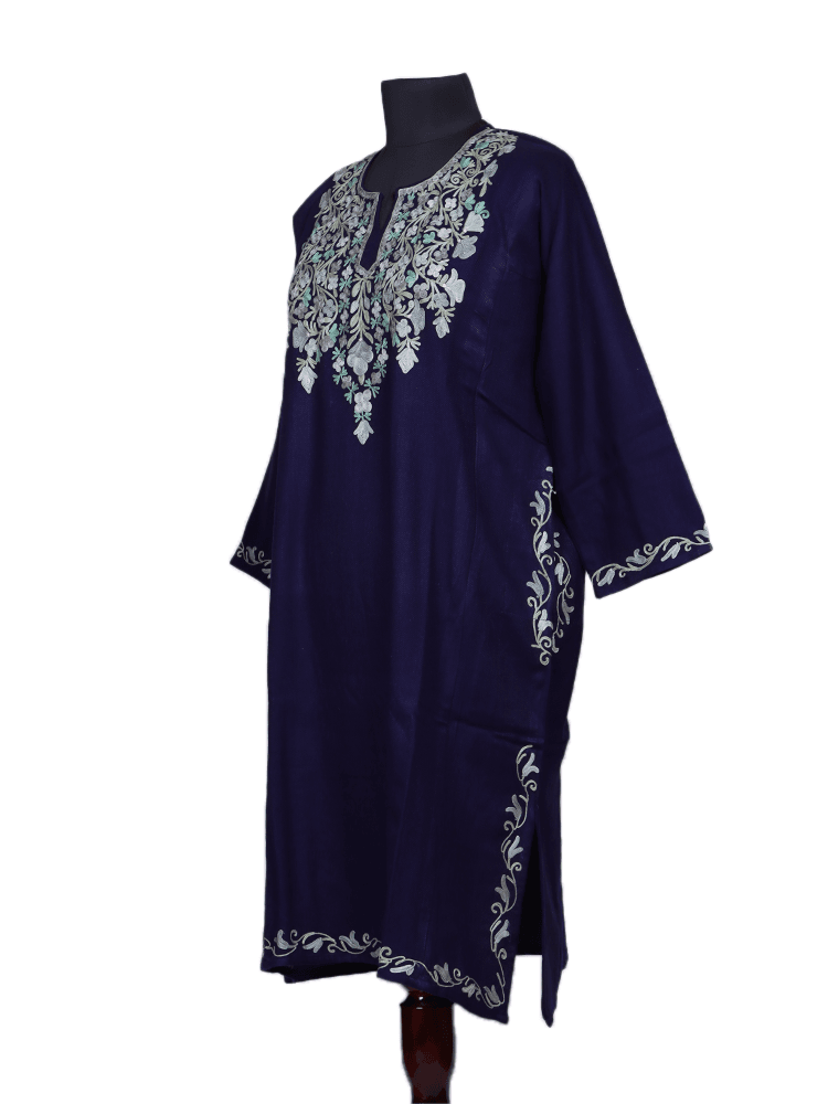 Mahrosh: dark blue nich poshkar Aari Embroidery cashmilon pheran - Shopping in Kashmir