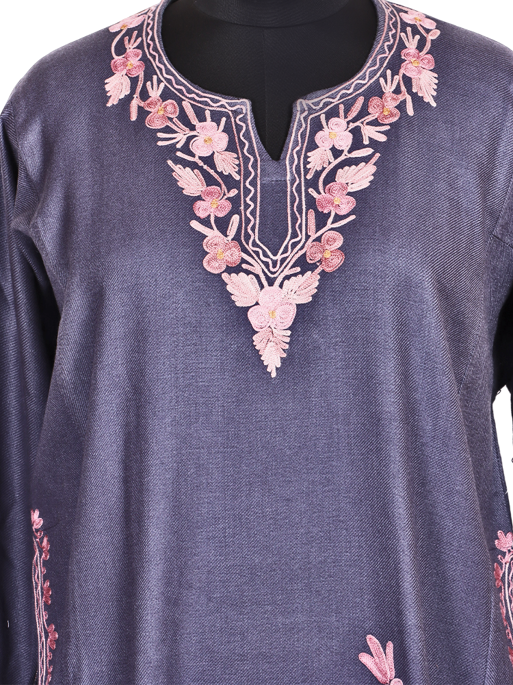 Bluish Grey Cashmilon Wool Aari Embroidered Kashmiri Pheran - Pehnava