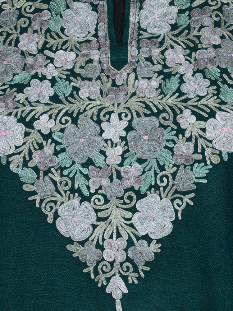 Zarbaft-e-Nazakat: green nich poshkar Aari Embroidery pheran - Shopping in Kashmir