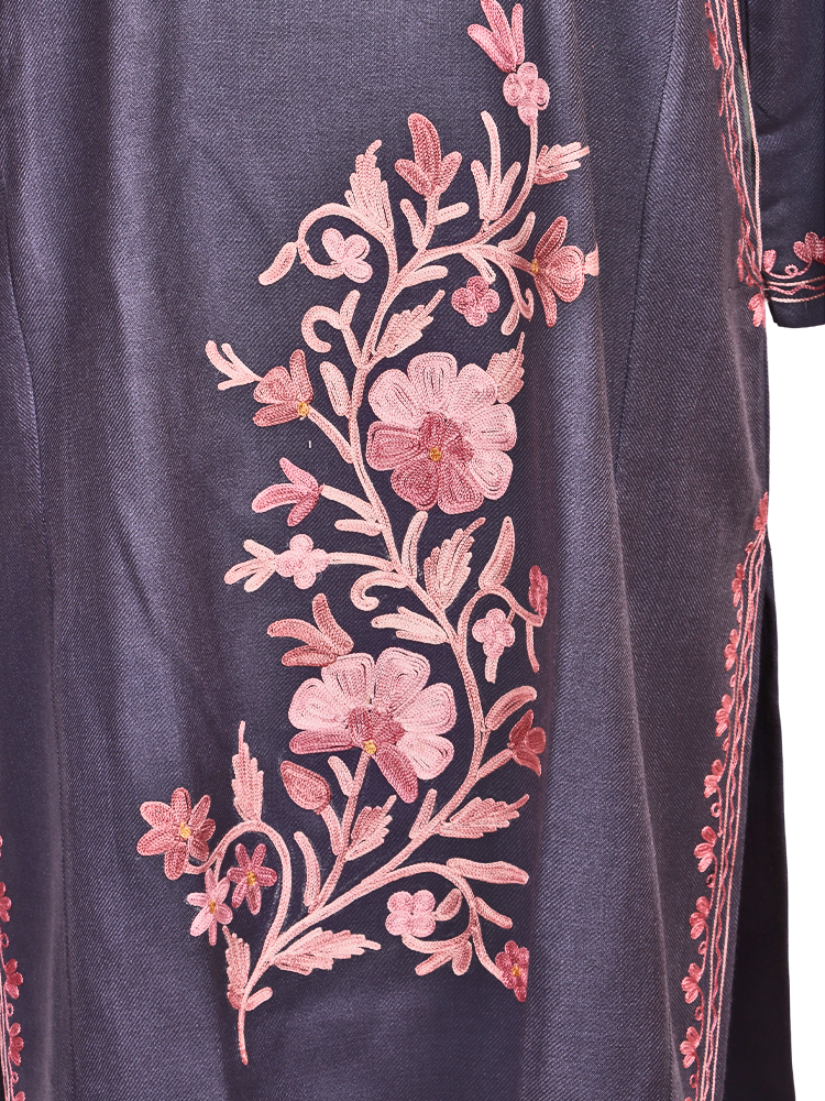 Bluish Grey Cashmilon Wool Aari Embroidered Kashmiri Pheran - Pehnava