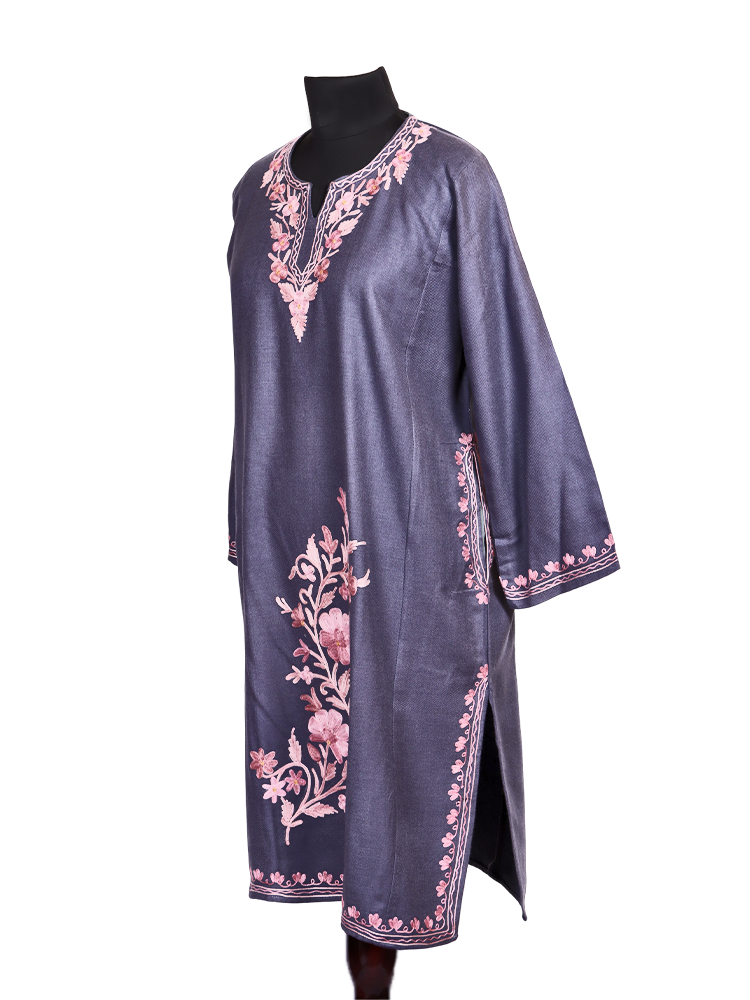 Bluish Grey Cashmilon Wool Aari Embroidered Kashmiri Pheran - Pehnava