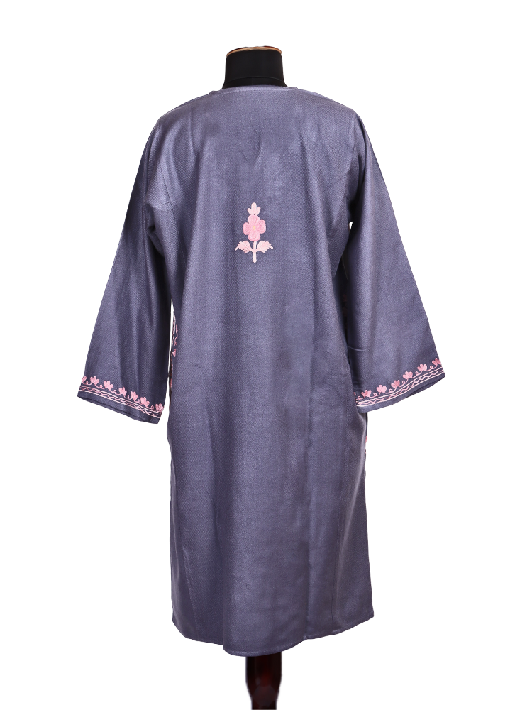 Bluish Grey Cashmilon Wool Aari Embroidered Kashmiri Pheran - Pehnava