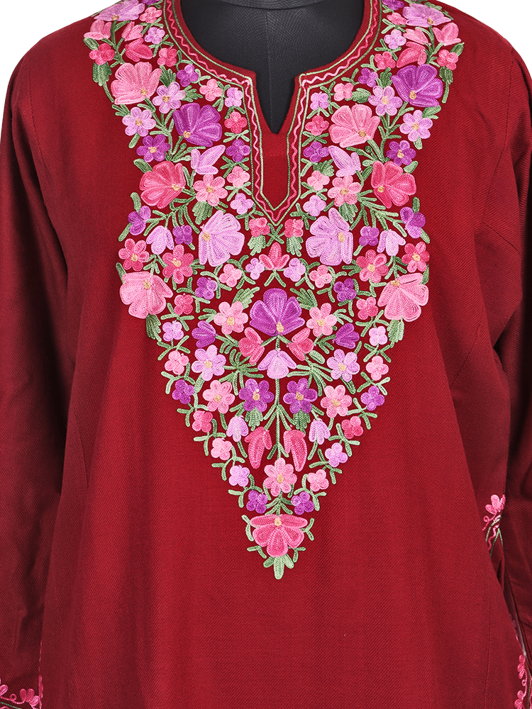 Blood Red Cashmilon Wool Aari Embroidered Kashmiri Pheran - Pehnava