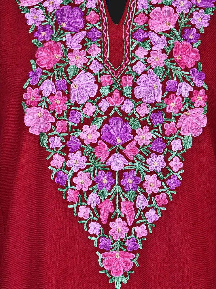 Blood Red Cashmilon Wool Aari Embroidered Kashmiri Pheran - Pehnava