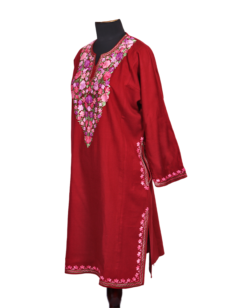 Blood Red Cashmilon Wool Aari Embroidered Kashmiri Pheran - Pehnava