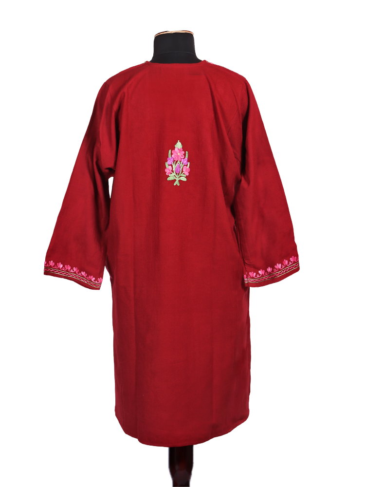 Blood Red Cashmilon Wool Aari Embroidered Kashmiri Pheran - Pehnava