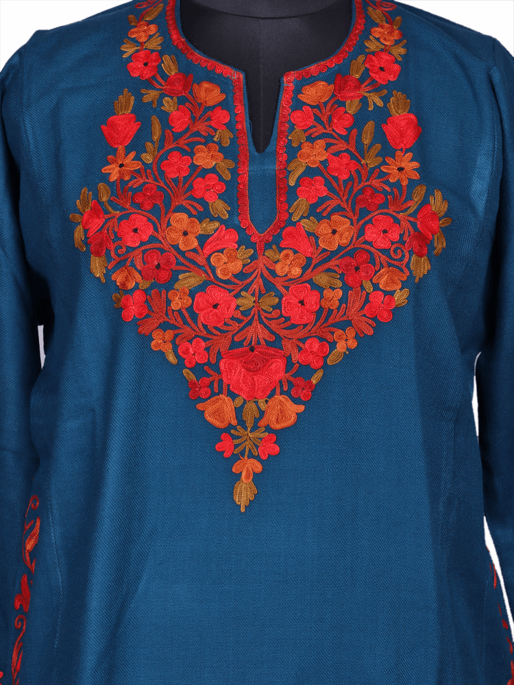 Resham-e-rang: cobalt blue nich poshkar Aari Embroidery pheran - Shopping in Kashmir
