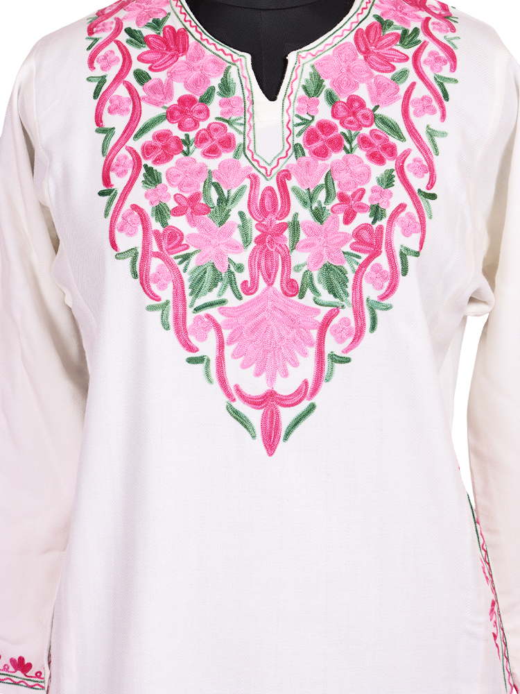 Classic White Cashmilon Wool Aari Embroidered Kashmiri Pheran - Pehnava