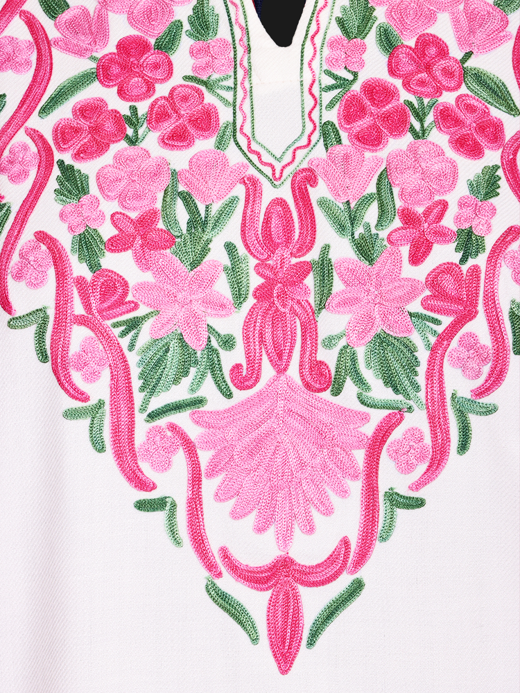 Classic White Cashmilon Wool Aari Embroidered Kashmiri Pheran - Pehnava