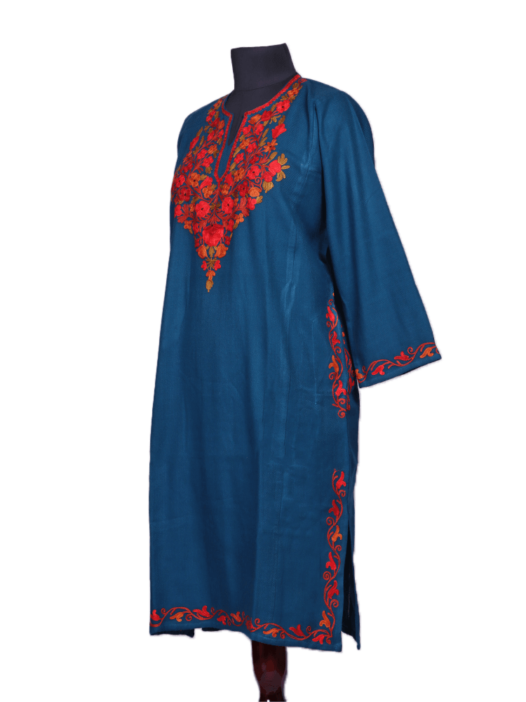 Resham-e-rang: cobalt blue nich poshkar Aari Embroidery pheran - Shopping in Kashmir