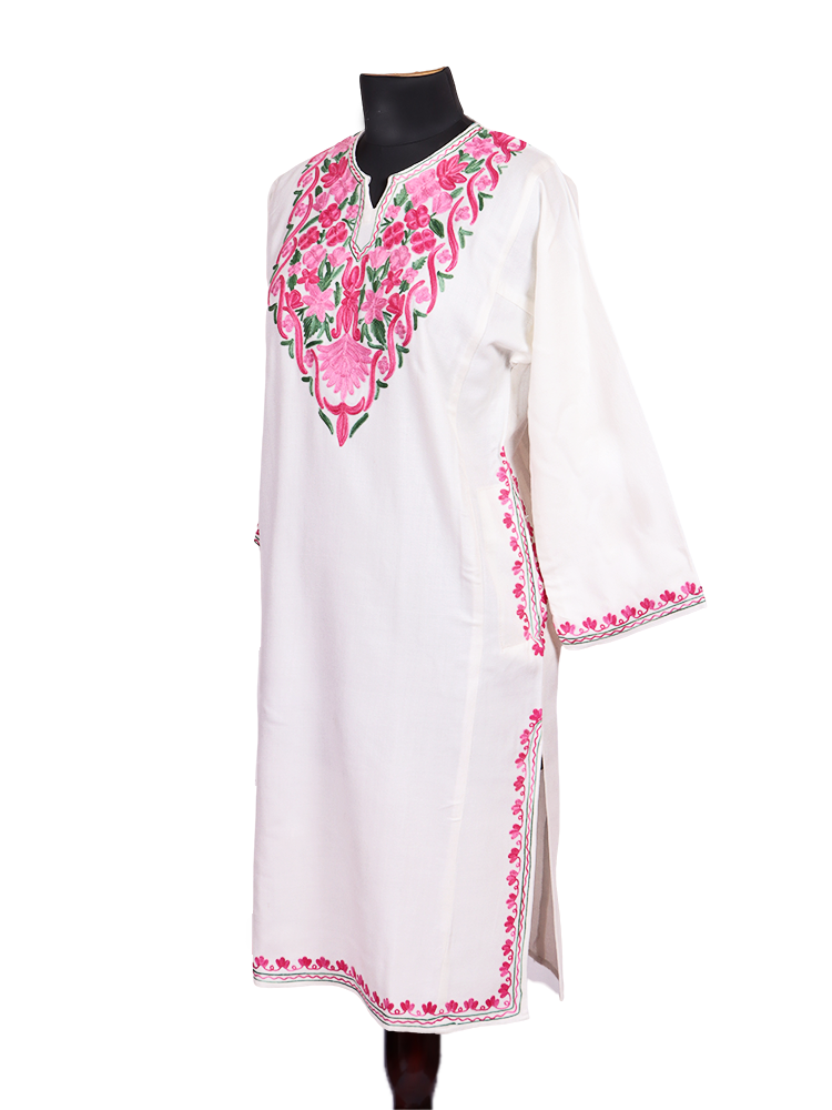 Classic White Cashmilon Wool Aari Embroidered Kashmiri Pheran - Pehnava
