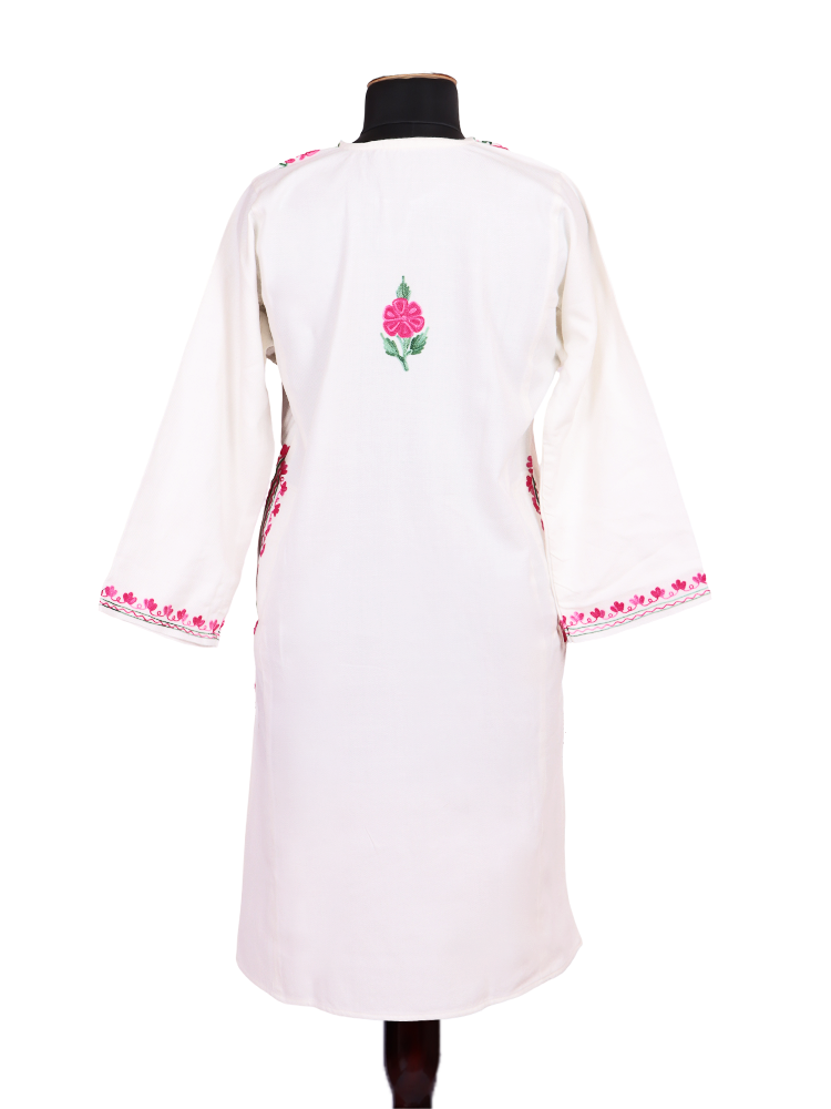 Classic White Cashmilon Wool Aari Embroidered Kashmiri Pheran - Pehnava