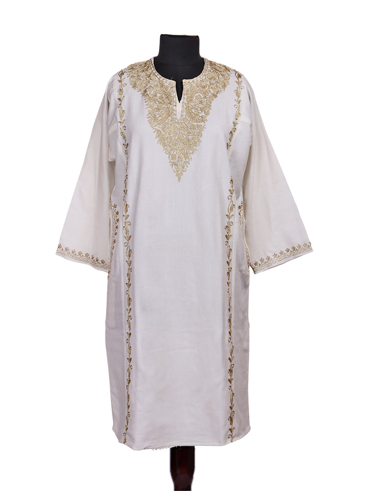 Off-White Cashmilon Wool Zari Embroidered Kashmiri Pheran - Pehnava