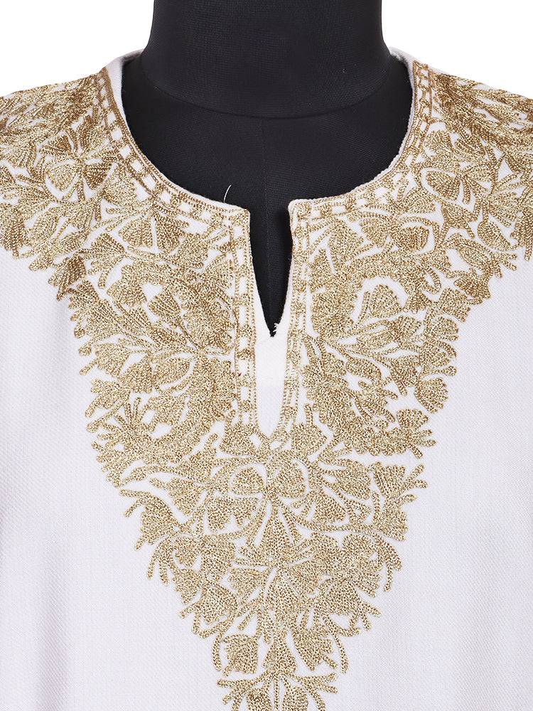 Off-White Cashmilon Wool Zari Embroidered Kashmiri Pheran - Pehnava