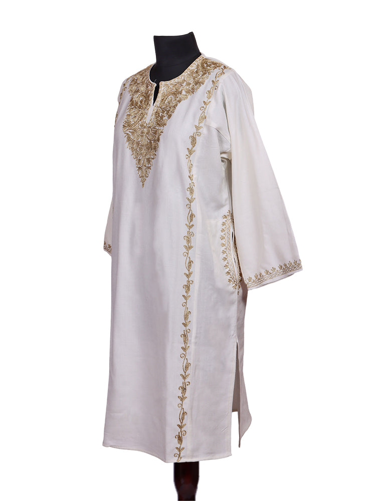 Off-White Cashmilon Wool Zari Embroidered Kashmiri Pheran - Pehnava