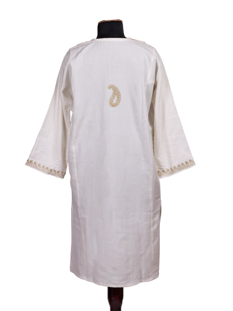 Off-White Cashmilon Wool Zari Embroidered Kashmiri Pheran - Pehnava
