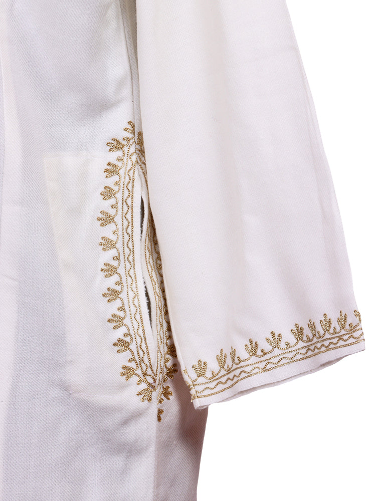 Off-White Cashmilon Wool Zari Embroidered Kashmiri Pheran - Pehnava