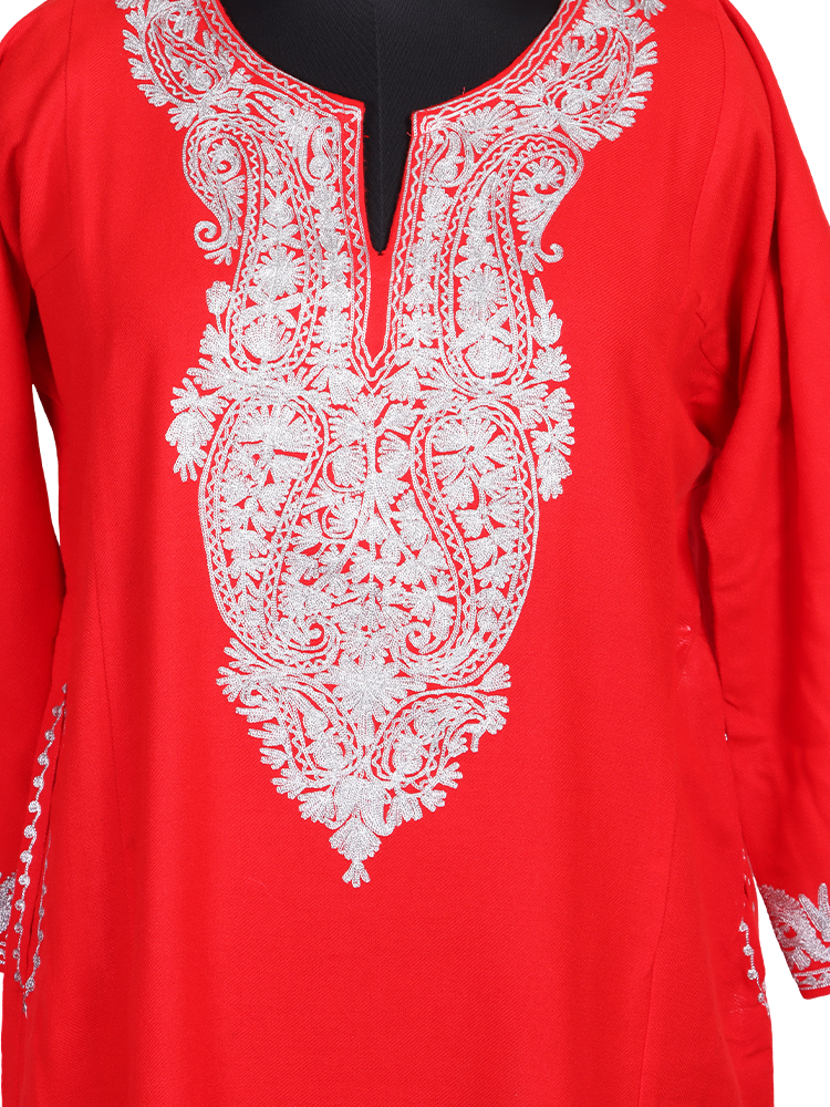 Carmine Red Cashmilon Wool Zari Embroidered Kashmiri Pheran - Pehnava