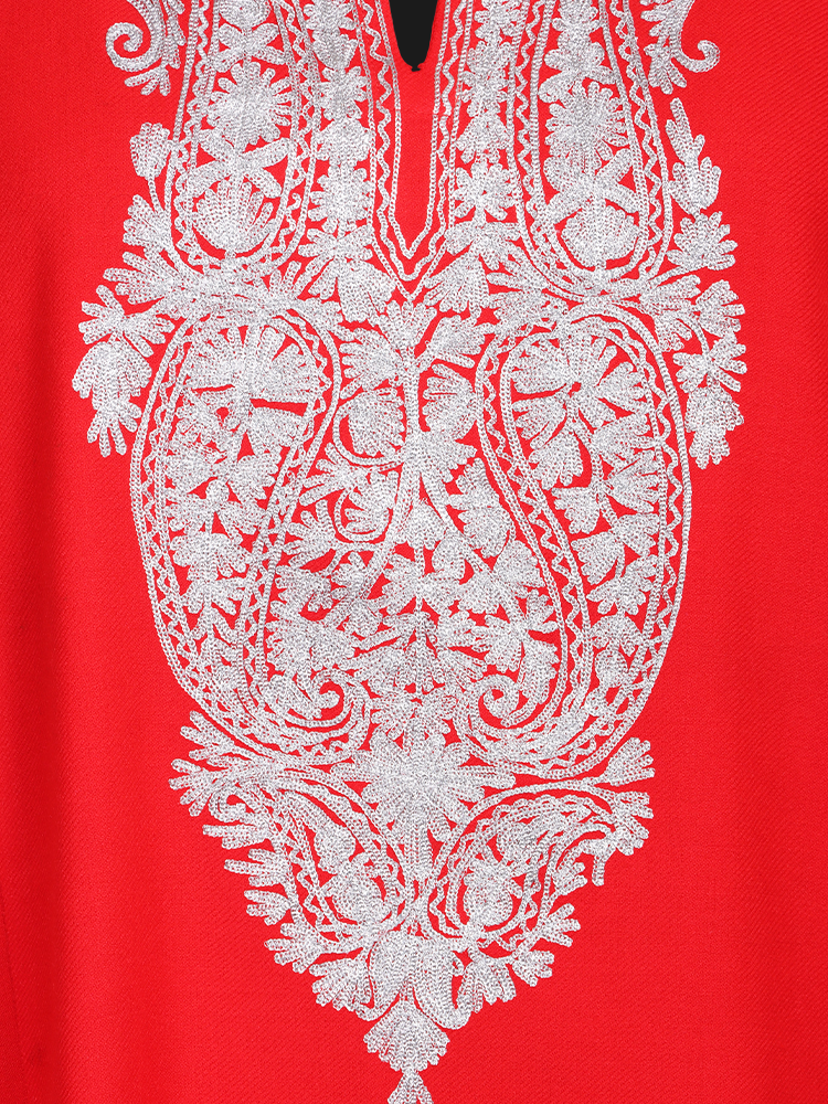 Carmine Red Cashmilon Wool Zari Embroidered Kashmiri Pheran - Pehnava
