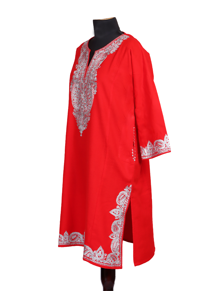Carmine Red Cashmilon Wool Zari Embroidered Kashmiri Pheran - Pehnava